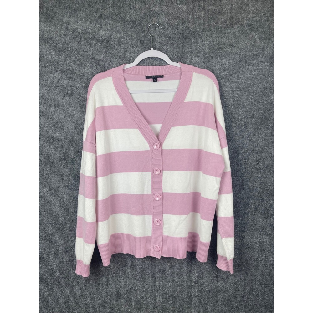 Cyrus Cardigan Sweater Women L Pink White Excellent Striped V-Neck Button Front